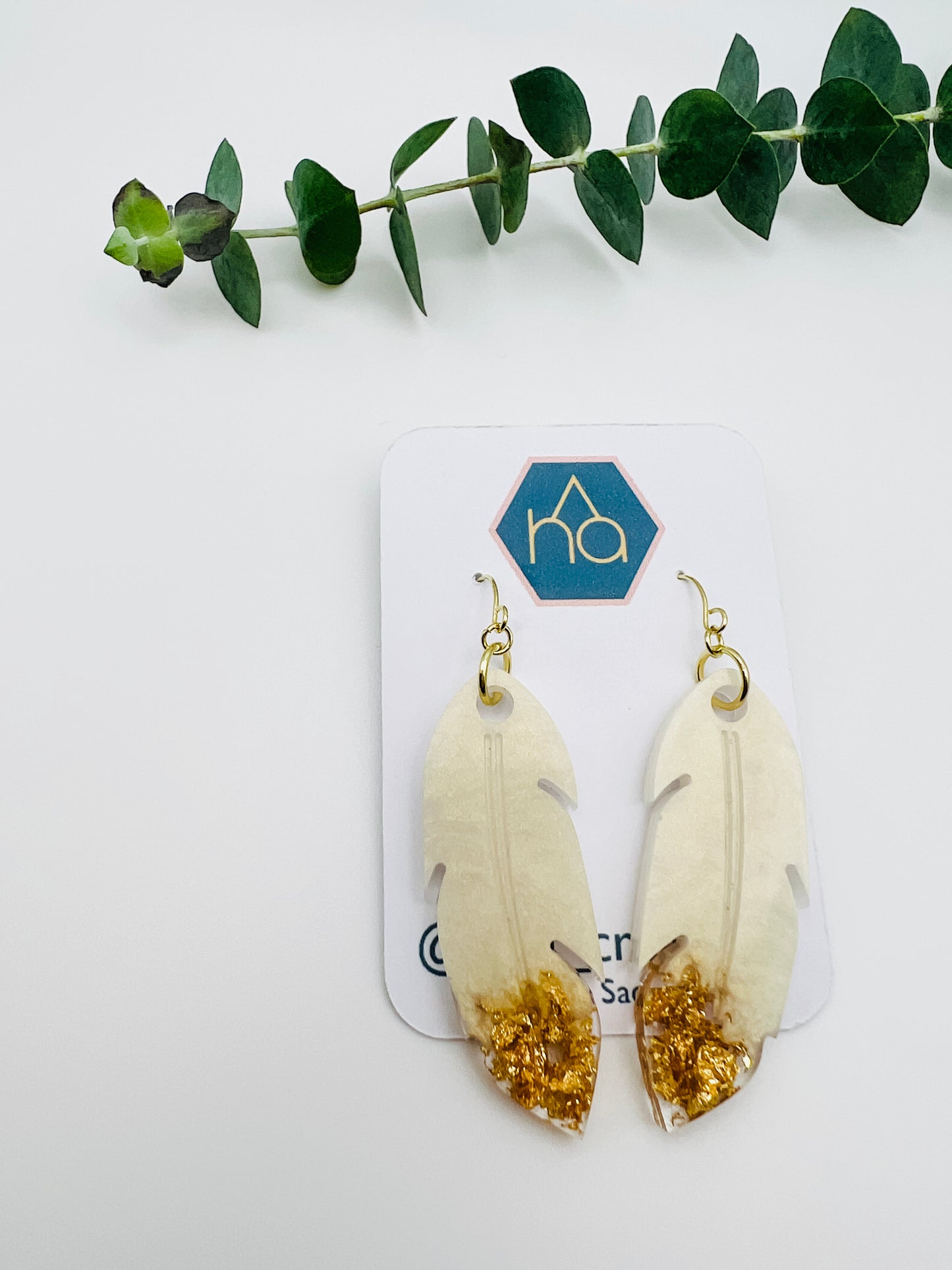 Pearly White and Gold Leaf Feather Earrings