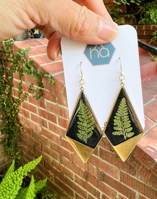 Large Fern on Black Geo Earrings