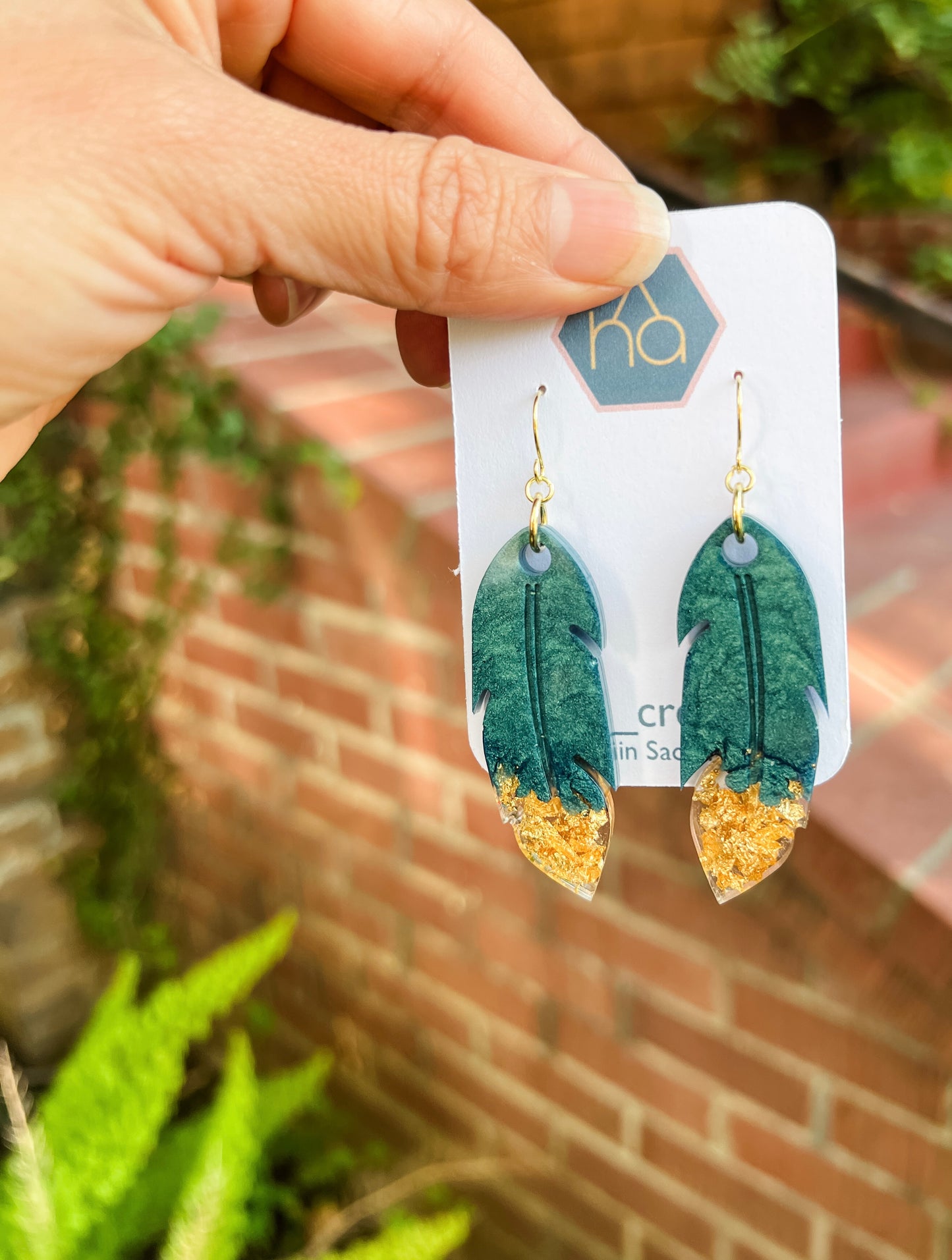 Light Teal and Gold Leaf Feather Earrings