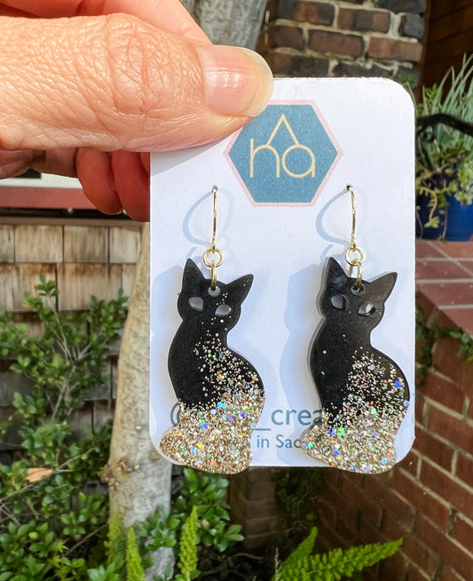 Cat Dangles - Black with Gold Glitter