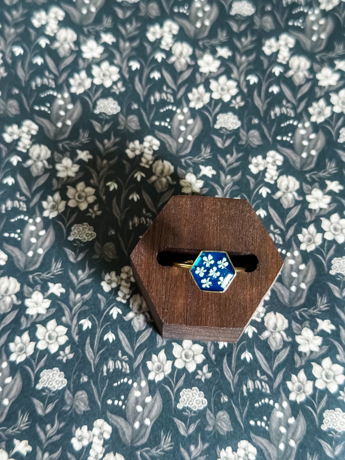 Hexagon Ring - Queen Anne’s Lace on Translucent Blue