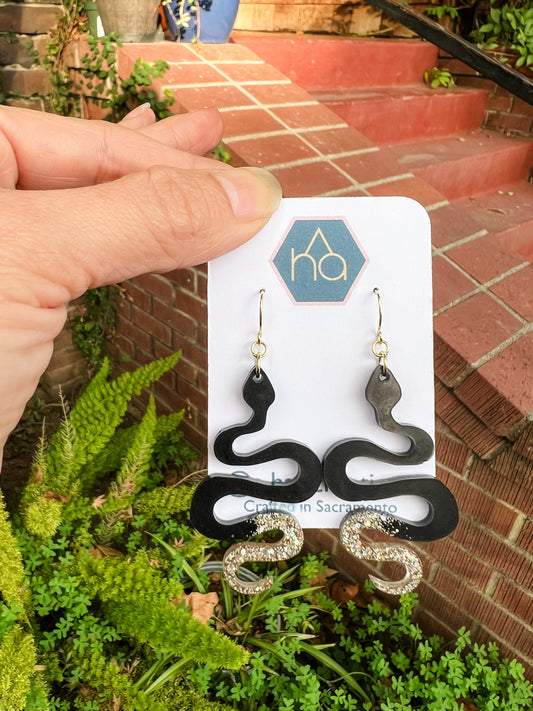 Snake Earrings - Black with Gold Glitter