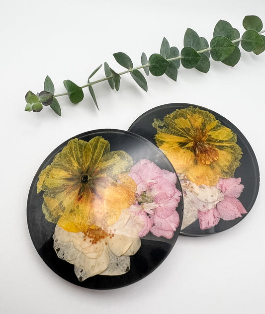 Pressed Flower Coasters - Pink, Yellow, White on Black