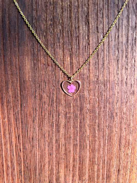 Dainty Pink Flower Necklace in Heart Pendant