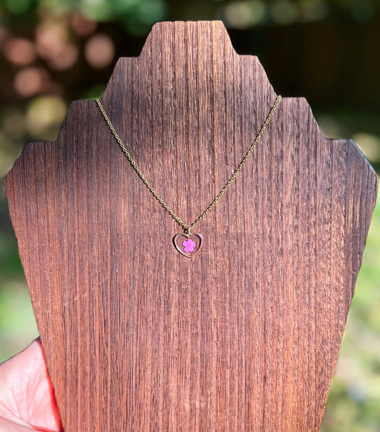 Dainty Pink Flower Necklace in Heart Pendant